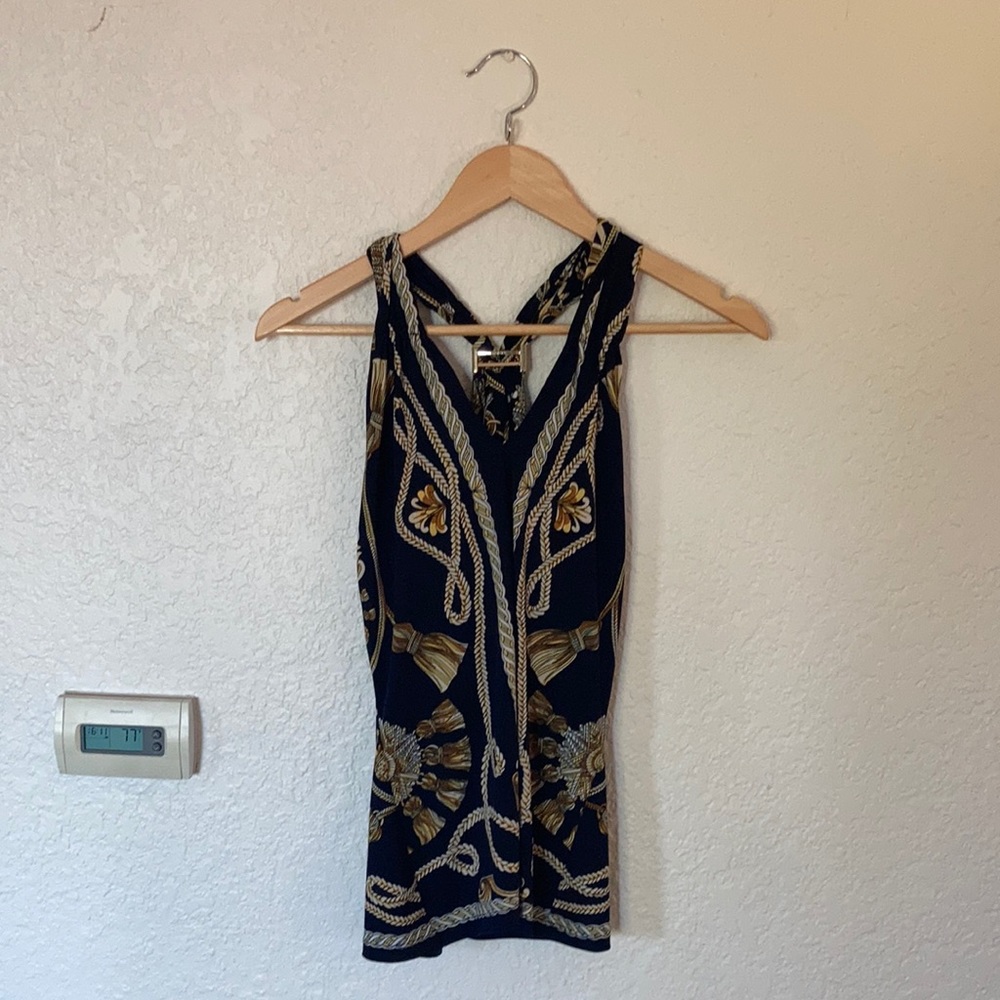 Navy blouse with gold tassle and braid design